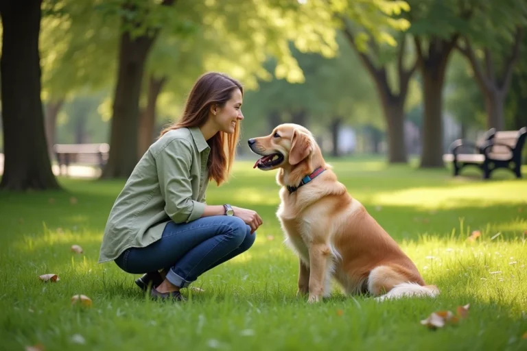 Femme souriante interagissant avec son golden retriever dans un parc urbain verdoyant
