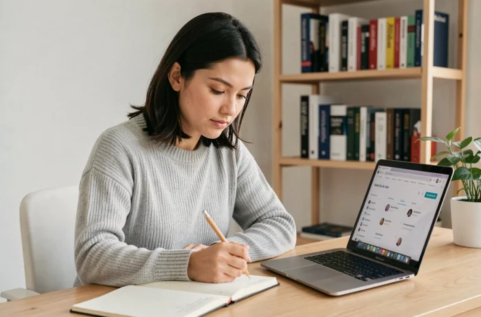 Femme suivant une formation digitale en ligne sur son ordinateur portable dans un bureau à domicile moderne