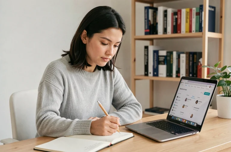 Femme suivant une formation digitale en ligne sur son ordinateur portable dans un bureau à domicile moderne