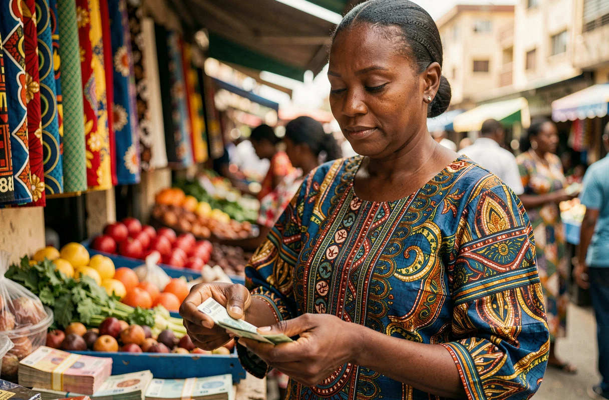 Une femme sénégalaise compte des billets dans un marché urbain de Dakar, symbolisant les revenus et le salaire minimum au Sénégal