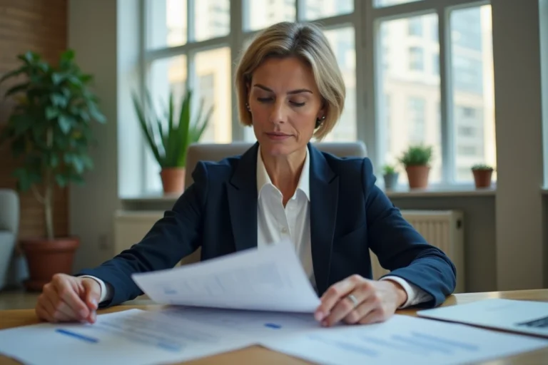 Femme professionnelle en blazer marine analysant des documents d'affaires dans un bureau moderne avec vue sur la ville
