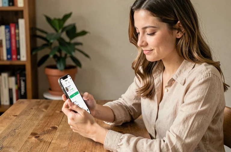 Jeune femme consultant son profil Instagram sur smartphone avec un nombre croissant d'abonnés, assise dans un bureau à domicile cosy