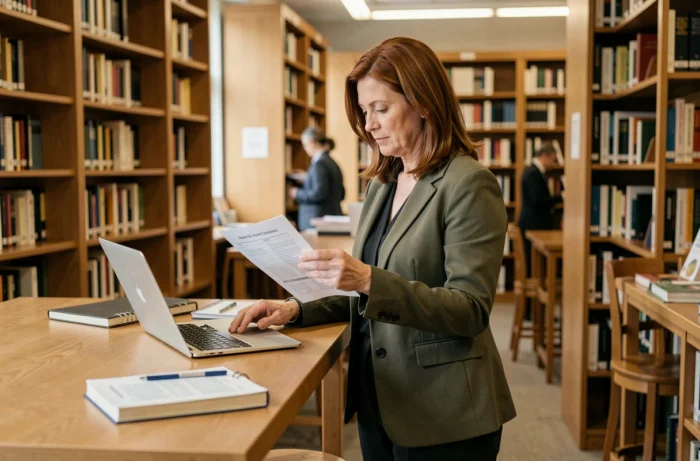 Femme d'âge mûr consultant des offres d'emploi dans une bibliothèque publique avec un ordinateur portable