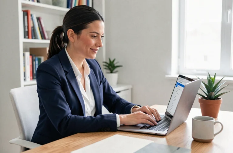 Femme consultant des offres d'emploi en ligne sur un ordinateur portable dans un bureau à domicile moderne