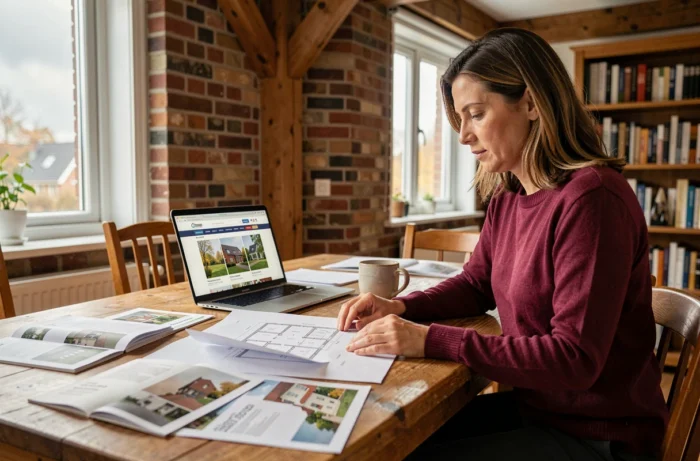 Femme analysant des plans et brochures immobilières pour trouver une maison en Belgique