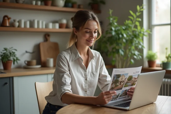 Femme recherchant des services immobiliers de proximité sur son ordinateur depuis son appartement