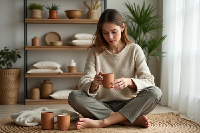 Femme assise sur un tapis en jute entourée d'objets artisanaux et écologiques pour une maison à consommation responsable et locale