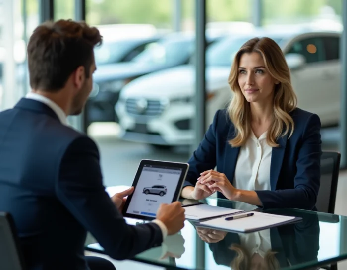 Femme consultant un conseiller financier en concession automobile pour simuler un crédit auto
