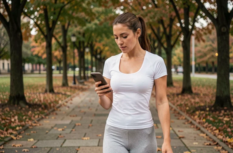 Femme en tenue de sport marchant dans un parc urbain et consultant une application podomètre sur son smartphone