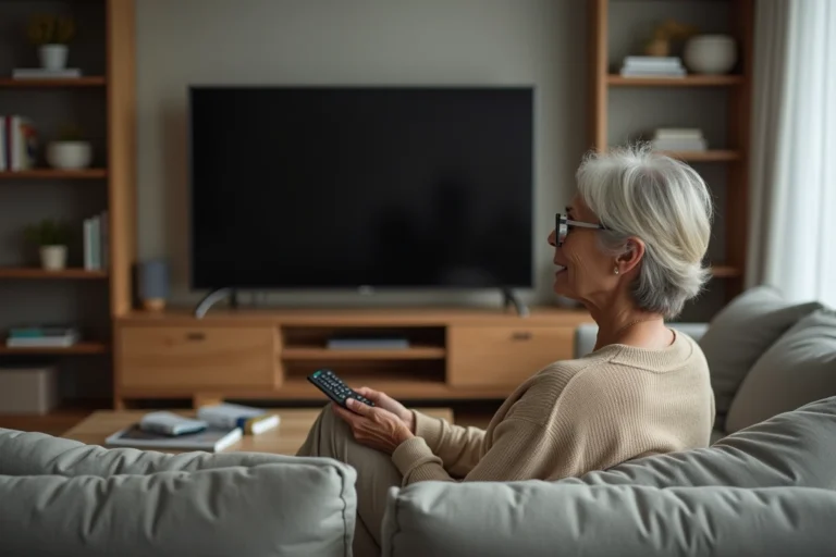 Femme tenant une télécommande devant un écran de télévision éteint, cherchant à résoudre un problème de réception de Télé Z