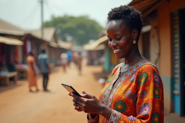 Femme africaine effectuant une transaction Orange Money au marché pour générer des revenus en ligne