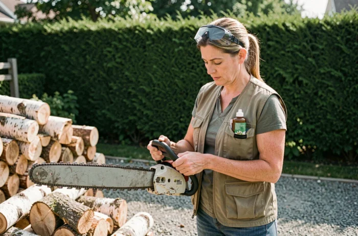 Femme inspectant la chaîne de sa tronçonneuse avec une huile végétale écologique dans son jardin