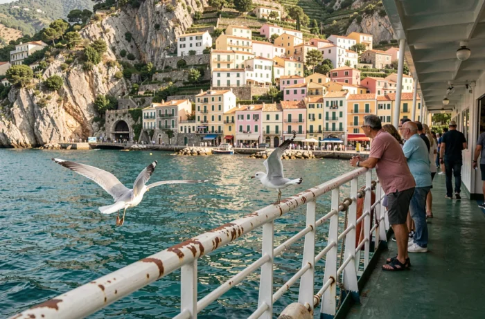 Vue depuis un ferry arrivant en Corse avec un port méditerranéen aux maisons colorées en arrière-plan