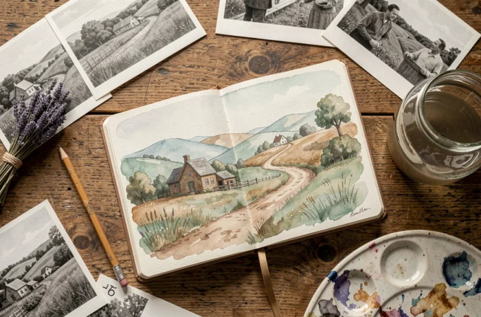 Flat-lay artistique d'un carnet d'aquarelle illustrant des souvenirs d'enfance entouré de photographies anciennes et de matériel créatif