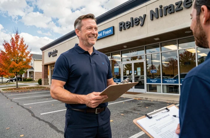 Franchisé devant sa nouvelle boutique dans une zone commerciale de banlieue au Québec en automne