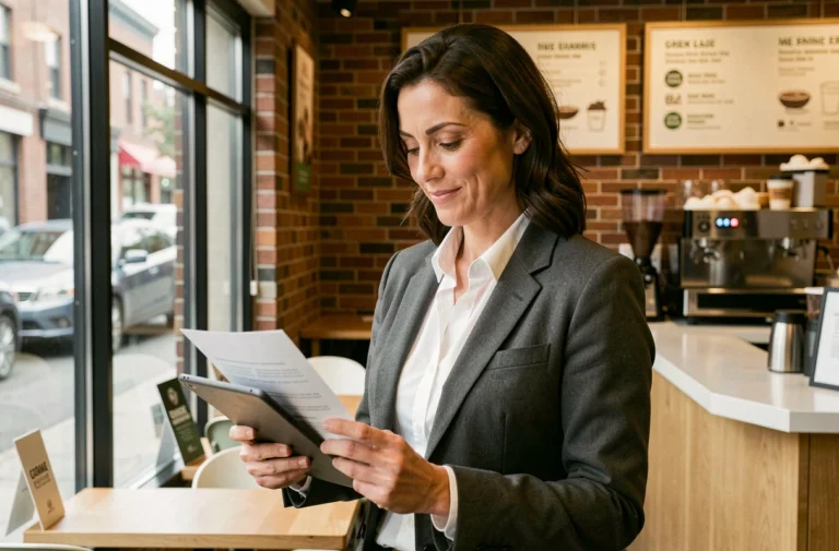Femme entrepreneure québécoise analysant un contrat de franchise dans un café moderne à Montréal