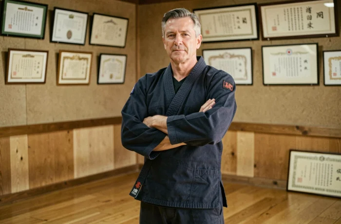 Portrait d'un homme athlétique en tenue de arts martiaux dans un dojo traditionnel, illustrant la carrière de Frank Dux