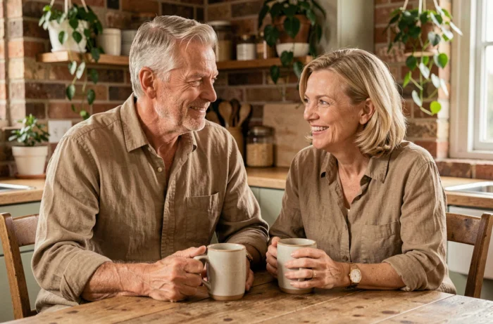 Couple mature et complice partageant un café chez eux, évoquant la vie personnelle et l'entourage de Frank Dux