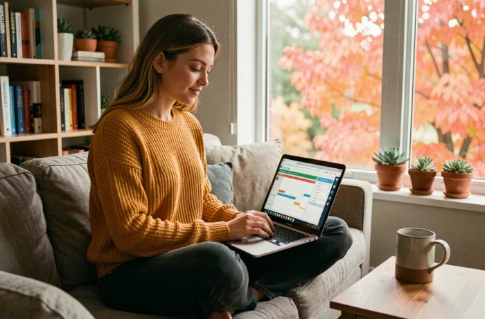 Jeune femme travaillant sur sa stratégie de marketing de contenu depuis un bureau à domicile confortable et moderne