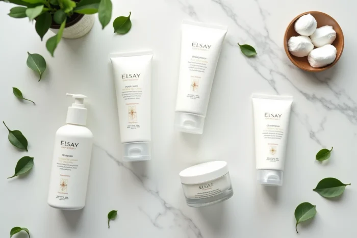 Gamme de produits Elsay disposés en flat lay sur un comptoir en marbre blanc dans une salle de bain