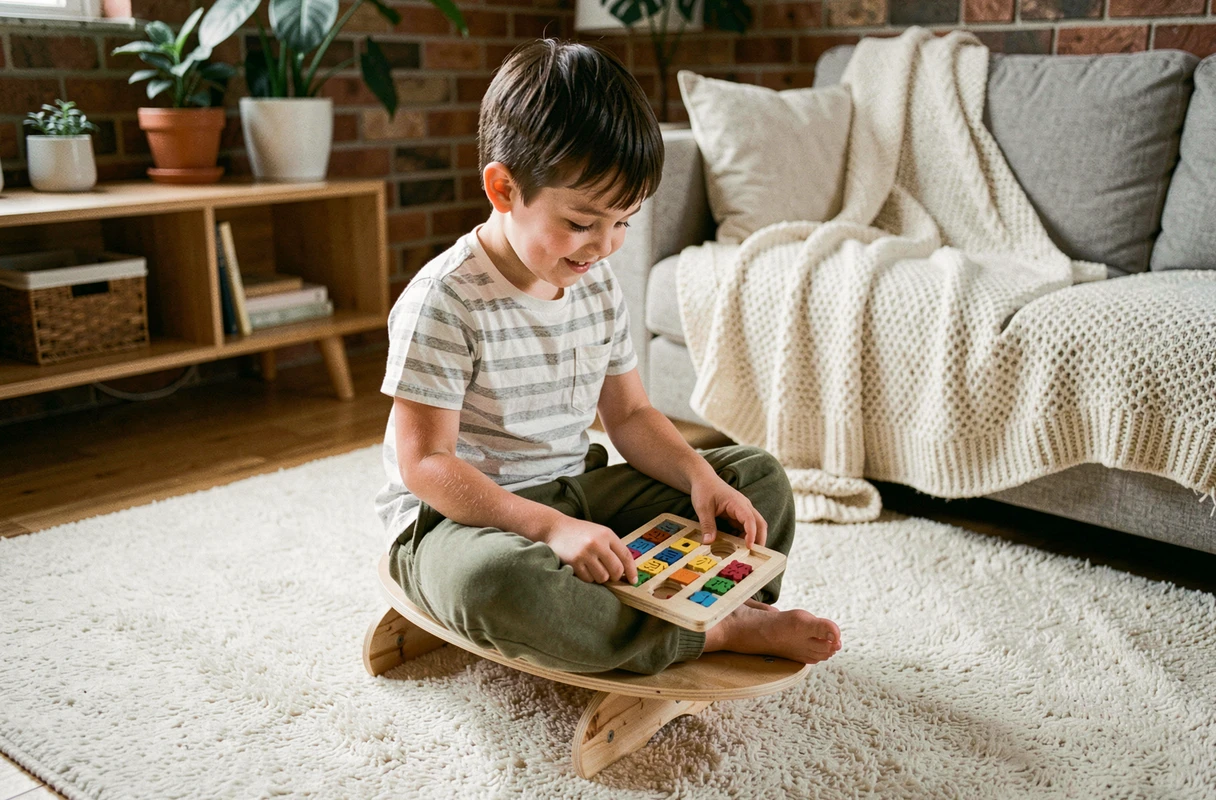 Garçon assis sur une planche Wobbel en bouleau naturel jouant avec un puzzle en bois sur un tapis de jeu