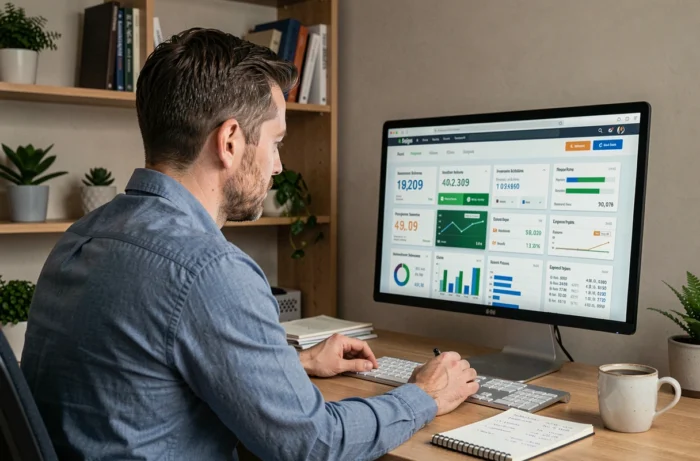 Homme gérant ses finances personnelles sur un tableau de bord numérique depuis son bureau à domicile