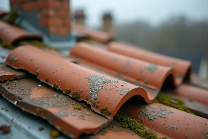 Gros plan sur des tuiles poreuses fissurées recouvertes de mousse et d'efflorescence sur un toit ancien