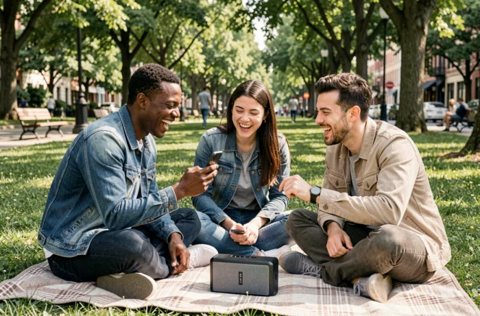 Groupe d'amis réunis dans un parc autour d'une enceinte Bluetooth, partageant de la musique entraînante lors d'un moment de détente