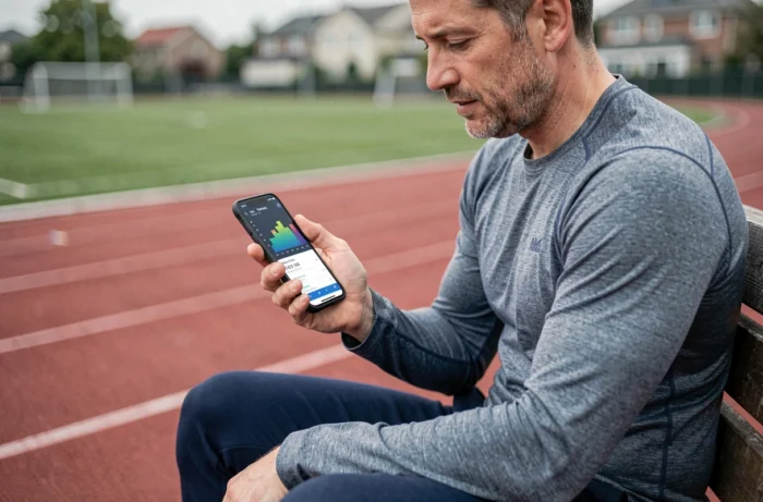 Homme assis sur un banc consultant son application podomètre gratuite affichant le nombre de pas journaliers