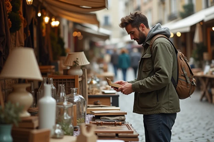 Homme examinant des objets de brocante et des meubles upcyclés dans un marché local pour décorer sa maison de façon responsable