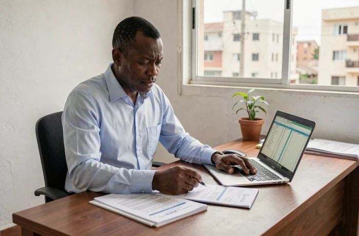 Un homme sénégalais examine des documents de salaire dans un bureau à Dakar, illustrant le thème du salaire de base au Sénégal