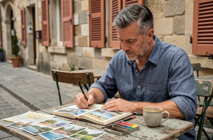 Homme illustrateur travaillant sur un carnet de voyage aquarellé en terrasse dans une rue pavée européenne