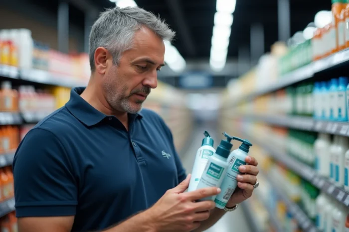 Homme comparant des produits Elsay dans le rayon soin d'un supermarché Leclerc