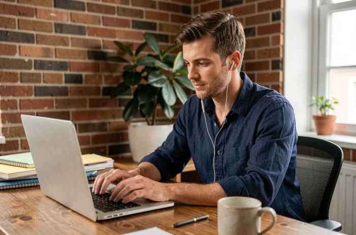 Homme portant des écouteurs et travaillant avec énergie à son bureau à domicile, boostant sa motivation grâce à la musique