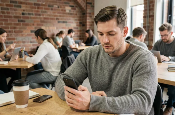 Jeune homme recherchant des offres d'emploi sur smartphone dans un espace de coworking
