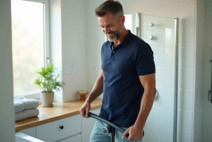 Homme satisfait vérifiant son poids sur une balance dans une salle de bain moderne après un régime Naturhouse