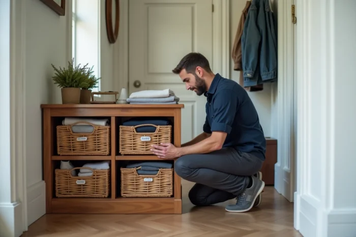 Homme organisant des rangements en rotin dans un couloir d'entrée pour optimiser l'espace de vie à domicile