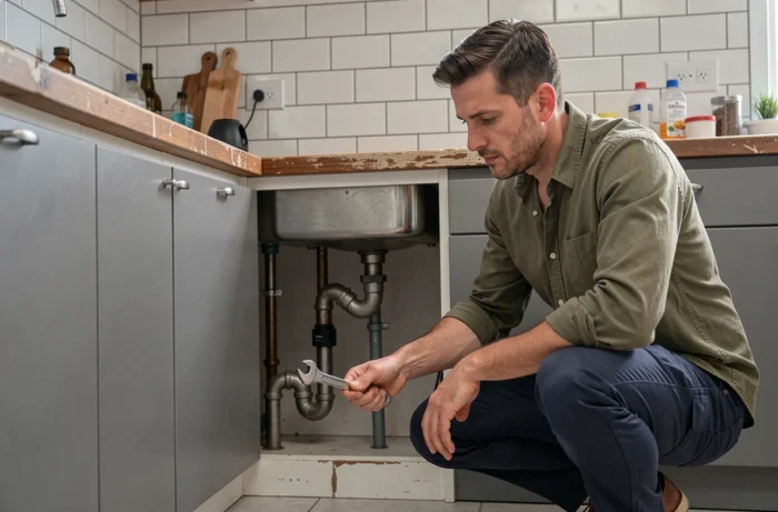 Homme réparant la plomberie sous un évier de cuisine, conseils pratiques pour l'entretien du domicile