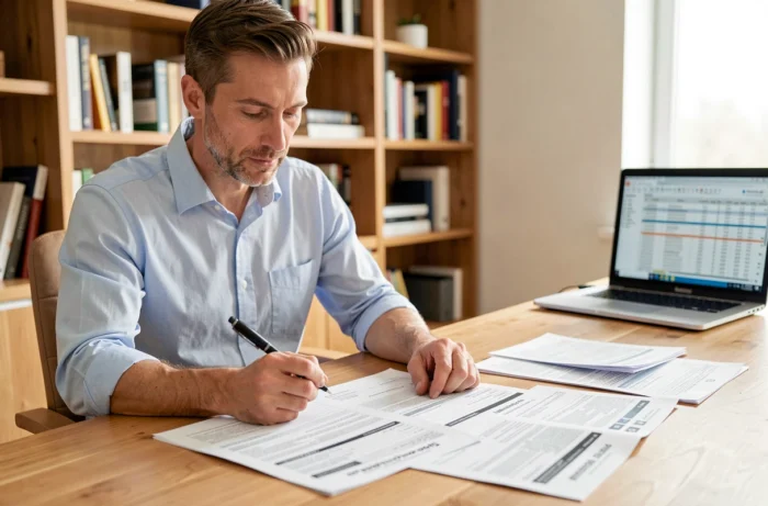 Homme signant un contrat de crédit auto à son bureau à domicile avec des documents imprimés