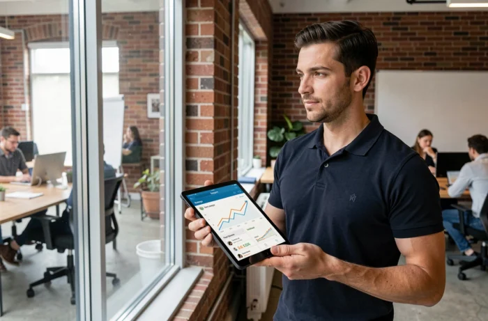 Homme consultant des statistiques de croissance d'abonnés Instagram sur une tablette dans un espace de coworking moderne