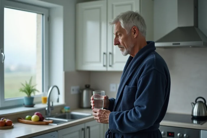 Homme en robe de chambre dans la cuisine au lever du jour tenant un verre d'eau avec une main légèrement tremblante