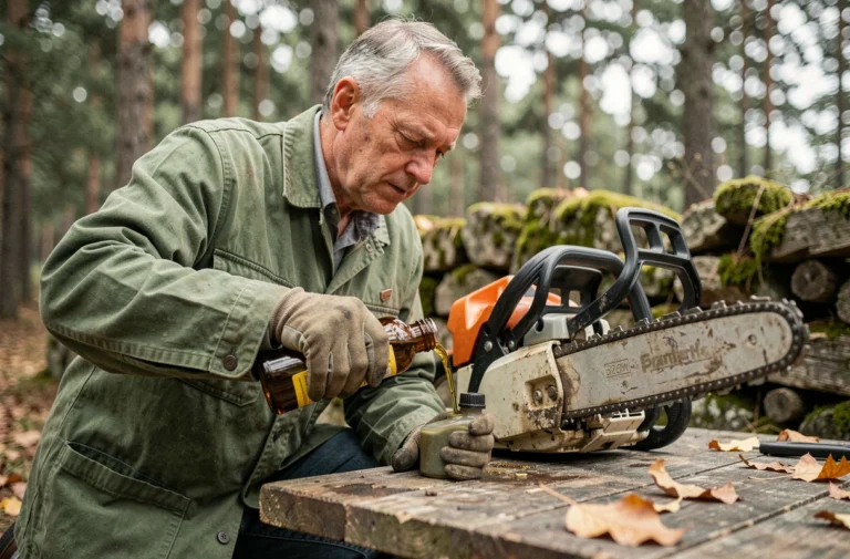Homme versant de l'huile de chaîne écologique biosourcée dans une tronçonneuse en forêt