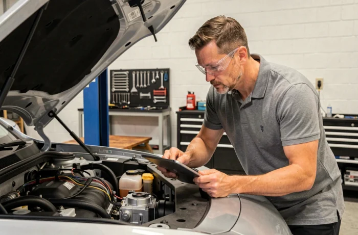 Ingénieur automobile inspectant le moteur électrique d'un véhicule hybride dans un atelier professionnel