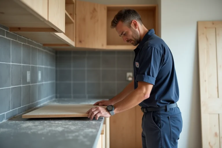 Installateur de cuisine Tyko en uniforme posant des meubles dans une cuisine en cours de rénovation
