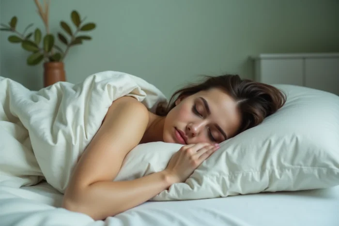 Jeune femme allongée dans son lit au réveil avec le bras tendu et les doigts légèrement crispés, expression somnolente