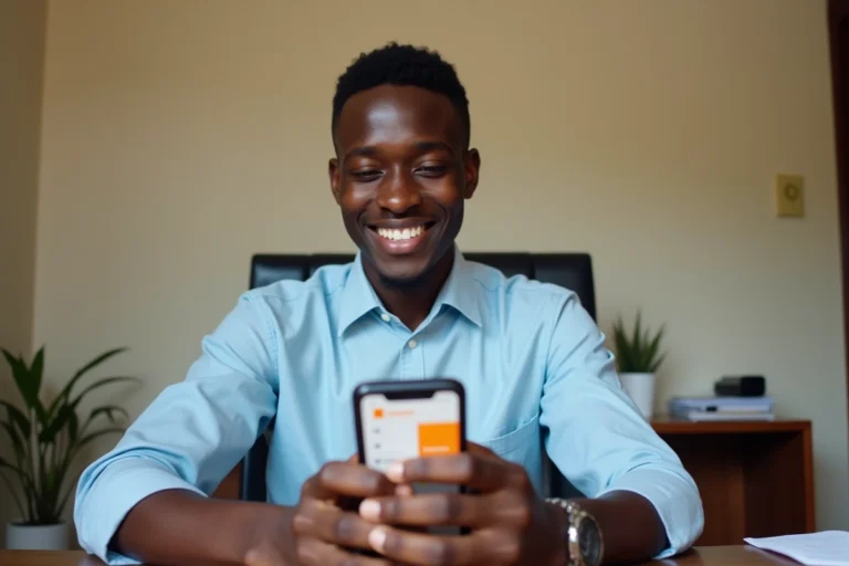 Jeune homme africain utilisant Orange Money sur smartphone pour gagner de l'argent en ligne depuis chez lui