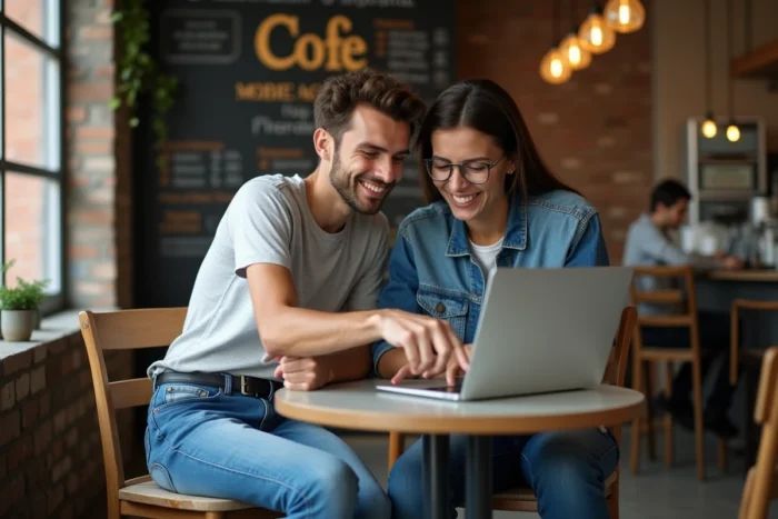 Deux jeunes adultes consultant un tableau de bord Orange Money sur ordinateur portable dans un café pour apprendre à gagner de l'argent en ligne