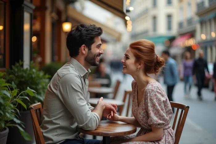 Couple mystérieux attablé en terrasse de bistro parisien, conversation intime et discrète