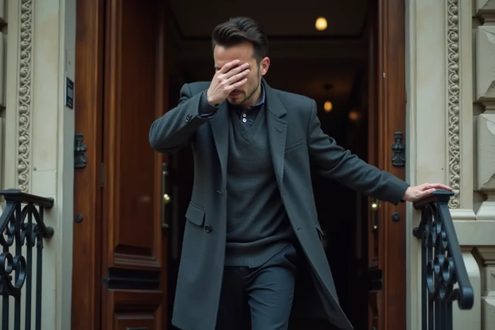 Homme célèbre sortant discrètement d'un immeuble haussmannien parisien, protégeant son intimité