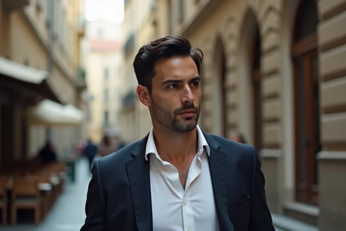 Jules Torres marchant discrètement dans une rue pavée européenne, regard fuyant, style éditorial